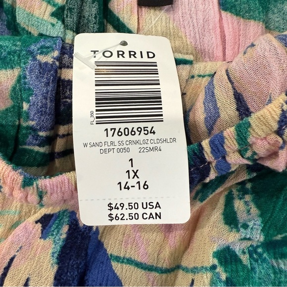 Torrid NWT Crinkle Gauze Cold Shoulder Top Womens 1 Pink/Green Tropical Palm - Picture 6 of 9
